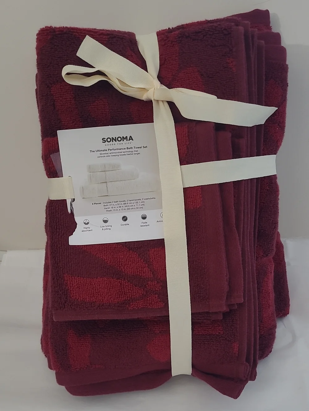 Sonoma Burgundy Ribbon Pattern Jacquard Towel Set 6 Pc